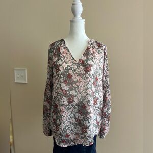 Chic Floral V-Neck Blouse - Pink and Gray